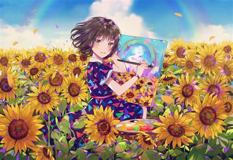 Wallpaper Anime Girl Painting Sunflowers Field Windy