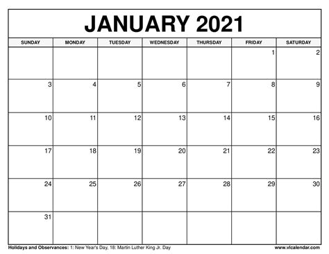 January 2021 Calendar Printable Free Monthly January 2021 Monthly