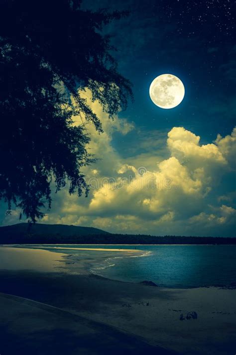 Landscape Of Sky With Full Moon On Seascape To Night