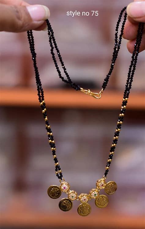 Stunning One Gram Gold Black Bead Chain With Lakshmi Ji Kasu Hangings