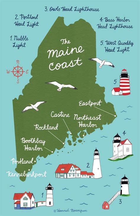 Map Of The Maine Coast 11x17 Poster Maine Lighthouses Map Maine