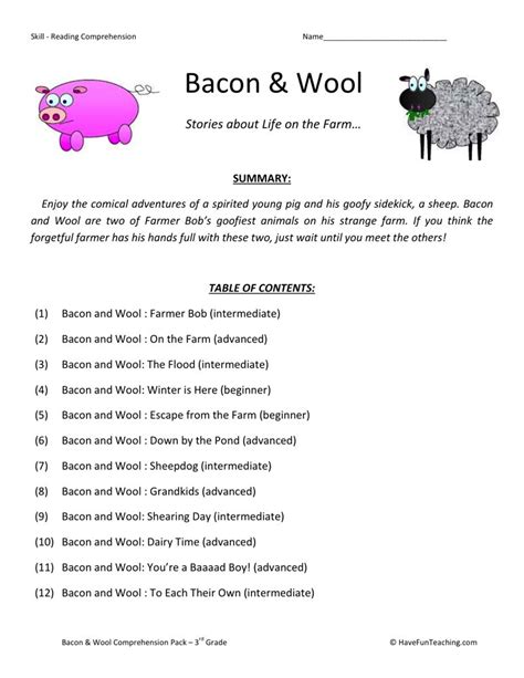 It is easy to print, download and use the kindergarten worksheets online. Reading Comprehension Worksheet - Bacon and Wool Collection