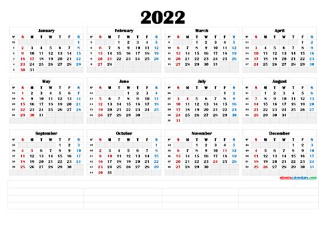 Printable 2022 Yearly Calendar 6 Templates Printable Calendar Qld