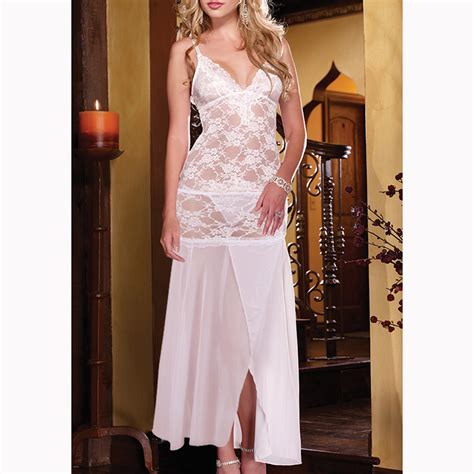 Sexy Spaghetti Strap V Neck See Through Lace Lingerie Long Nightgown N17374