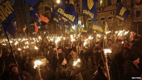 Ukraines Far Right Svoboda Party Hold Torch Lit Kiev March Bbc News