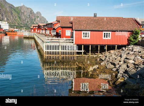 Traditional Rorbuer Fishermens Cabins In Svolvaer Harbour In The