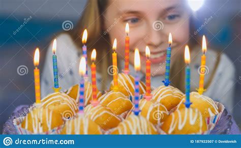 Teen Girl Admires Burning Candles At Cake On Her Birthday Stock Image Image Of Caucasian