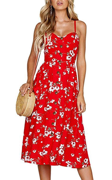 Angashion Womens Dresses Summer Floral Bohemian Spaghetti Strap Button Down Swing Midi Dress