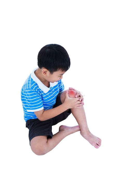Full Body Of Child Injured At Knee Isolated On White Background Stock