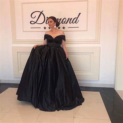 Long Black Satin Beaded Ball Gowns Prom Dresses Off The Shoulder Alinanova