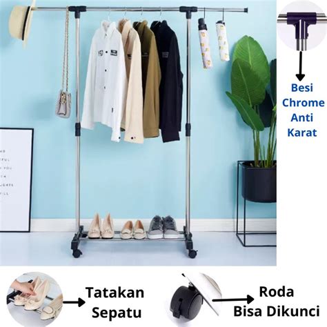 Jual Stand Hanger SINGLE Rak Gantungan Baju Serbaguna Dengan 4 Roda