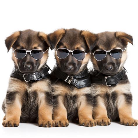 Premium Ai Image Three Puppies Wearing Sunglasses And Collars Sitting