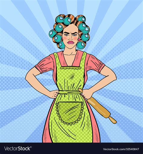 Angry Housewife Pop Art Woman Holding Rolling Pin Vector Image