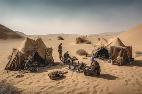 Premium Ai Image Nomadic Tribe Setting Up Camp In Desert Landscape