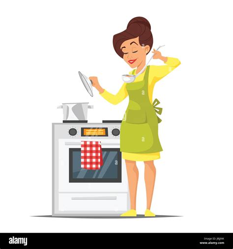 Vector Cartoon Style Illustration Of Happy Housewife Trying The Dish Near The Stove Isolated On