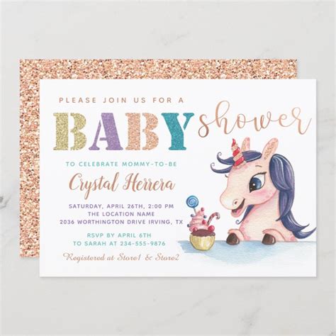 Adorable Rose Gold Glitter Unicorn Baby Shower Invitation Zazzle