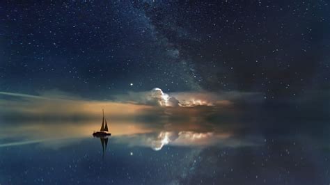 2560x1440 Lake Mirror Reflection Stars Boat Milky Way 5k 1440p