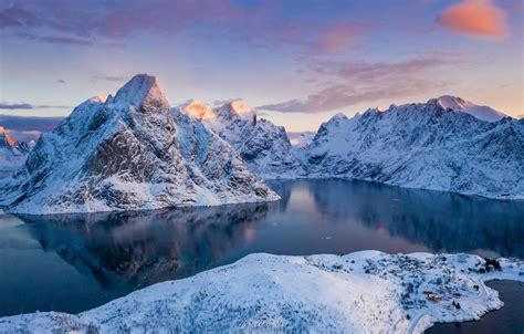 Обои зима море небо снег горы скалы Норвегия панорама залив
