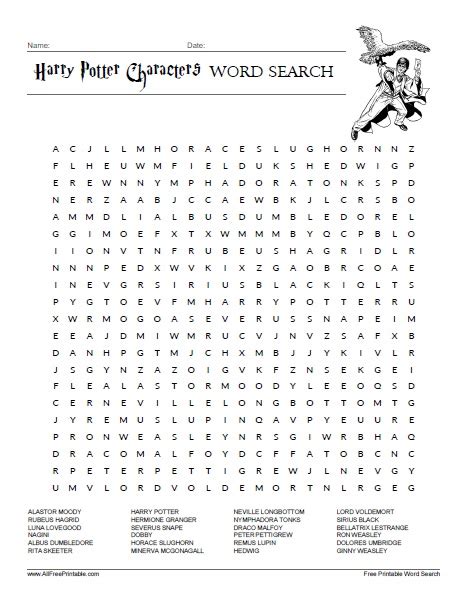 Free Printable Harry Potter Characters Word Search Harry Potter Word