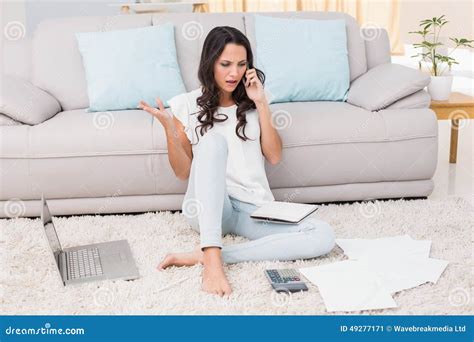 Pretty Brunette Paying Her Bills Stock Image Image Of Device Brunette 49277171