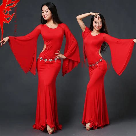 Sexy Bell Sleeves Dress Women Belly Dance Exercise Clothes Lady Dance Elegant Dress Dancers
