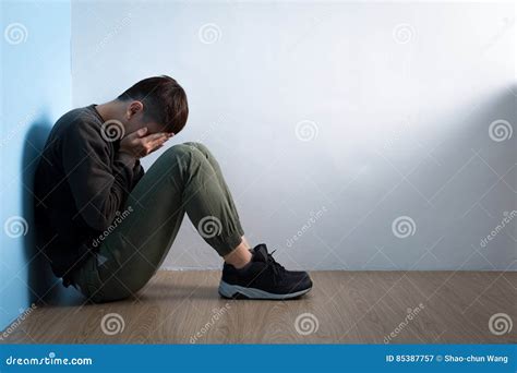 Depression Man Sit On Floor Stock Image Image Of Corner Feeling