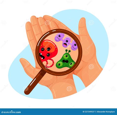 Dirty Human Hands With Bacteria Under Magnifying Glass Vector Flat