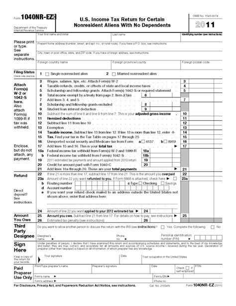 Form 1040 Nr Ez U S Income Tax Return For Certain 1040 Form Printable