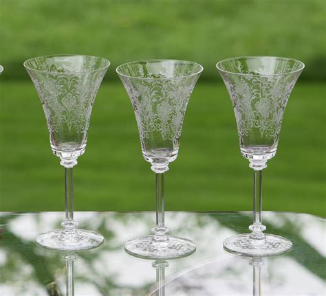 Vintage Needle Etched Crystal Wine Glasses Set Of 6 Tiffin Franciscan Cordelia Circa 1930 S