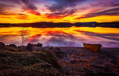 Wallpaper Autumn The Sky Clouds Sunset Lake Reflection Stones