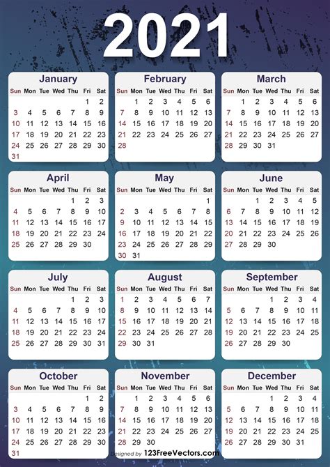 Free 2021 Yearly Calender Template Free Printable Year 2021 Calendar