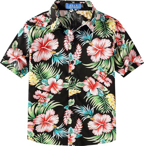 SSLR Jungen Hawaii Hemd Kurzarm Baumwolle D Gedruckt Hibiskus Button Down Freizeithemd Aloha