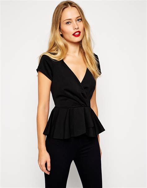 Asos Wrap Front Peplum Top With Gold Bar In Black Lyst