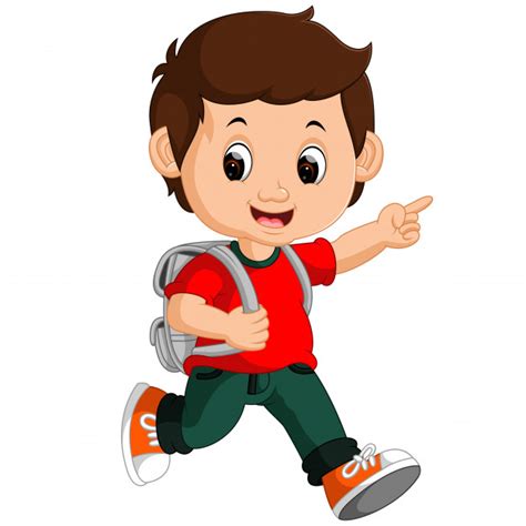 Frente, lado, espalda, 3 / 4 ver personaje animado. Niño con dibujos animados de mochilas | Vector Premium