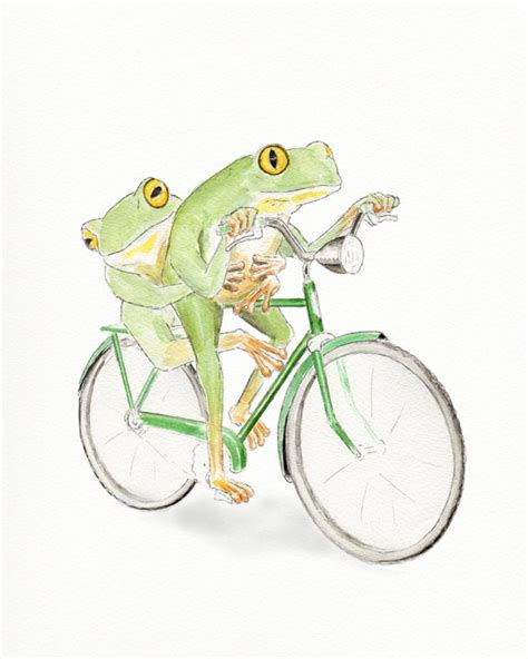 Frogs Riding Bicycle Whimsical Animal Art Humorous Frog Etsy