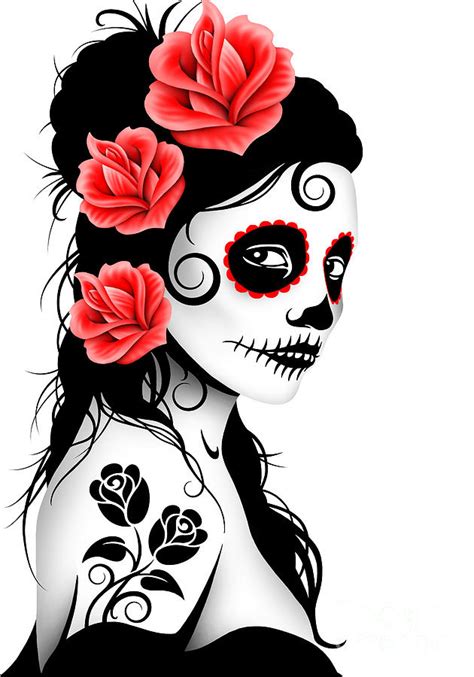 Tattooed Day Of The Dead Sugar Skull Girl White Digital Art By Jeff Bartels