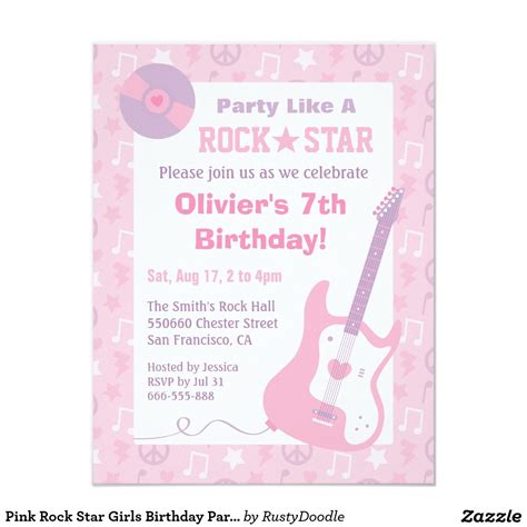 Pink Rock Star Girls Birthday Party Invitations Girl