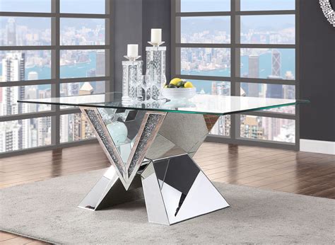 Acme Noralie Dining Table In Mirrored In Faux Diamonds And Clear Glass