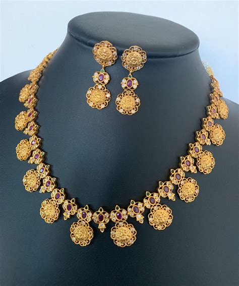matt gold finished goddess lakshmi motif necklace set south etsy coin jewelry necklace