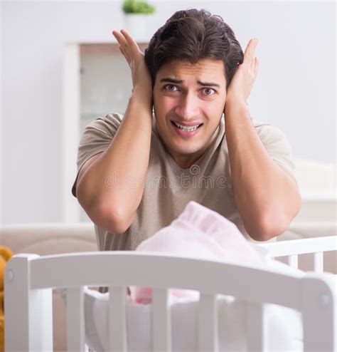 Young Father Dad Frustrated At Crying Baby Stock Image Image Of Crib
