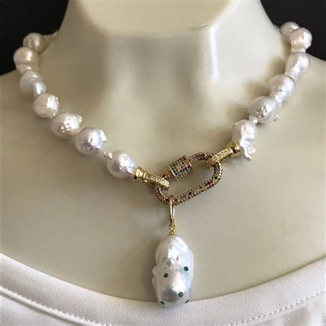 Baroque Pearl Necklace Embedded Baroque With Cz Emerald Etsy
