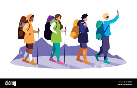 Young Group People With Backpack Hiking Vector Illustration Stock