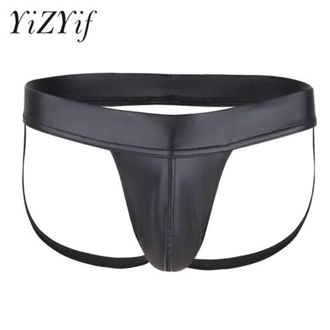 Yizyif Men Lingerie Patent Leather Open Butt Brief Jockstrap Bikini