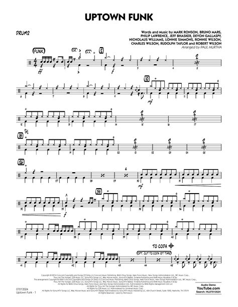 Mark Ronson Uptown Funk Feat Bruno Mars Arr Paul Murtha Drums Sheet Music And