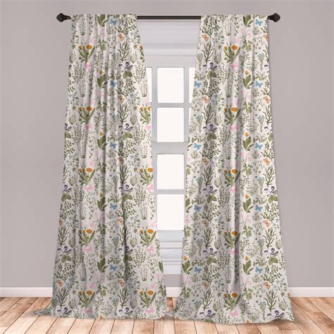 Floral Curtains 2 Panels Set Vintage Garden Plants With Herbs Flowers
