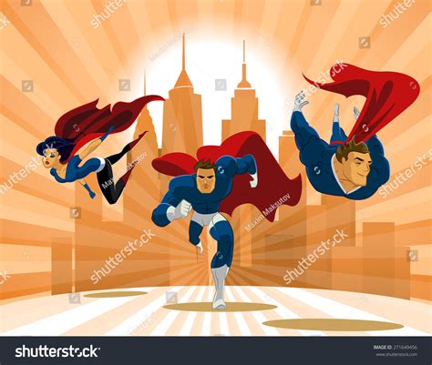 Superhero Team Team Superheroes Flying Running Stock Vector Royalty