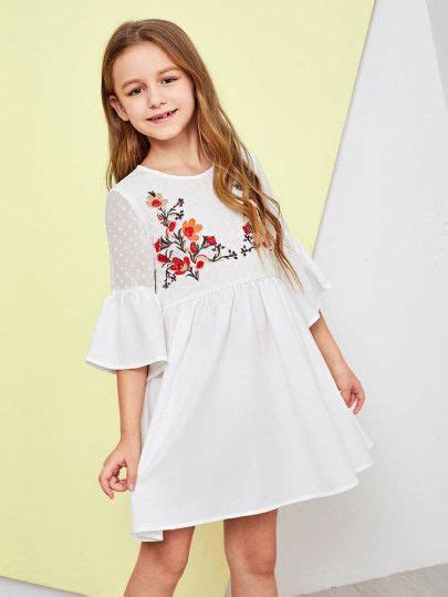 Shop Girls Dot Mesh Flounce Sleeve Embroidered Dress Online Shein
