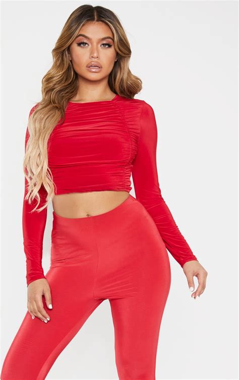 Red Slinky Double Ruched Long Sleeve Crop Top Prettylittlething Usa
