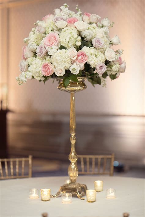 Ivory And Blush Rose Centerpieces Of Gold Pedestals Wedding