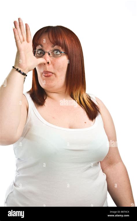 Fat Young Overweight Woman Girl Pulling A Funny Face Sticking Her Hand